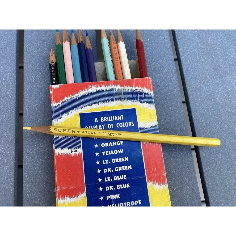 Vintage colored pencils Conncolor wood cased crayon in orig slide box 1950's